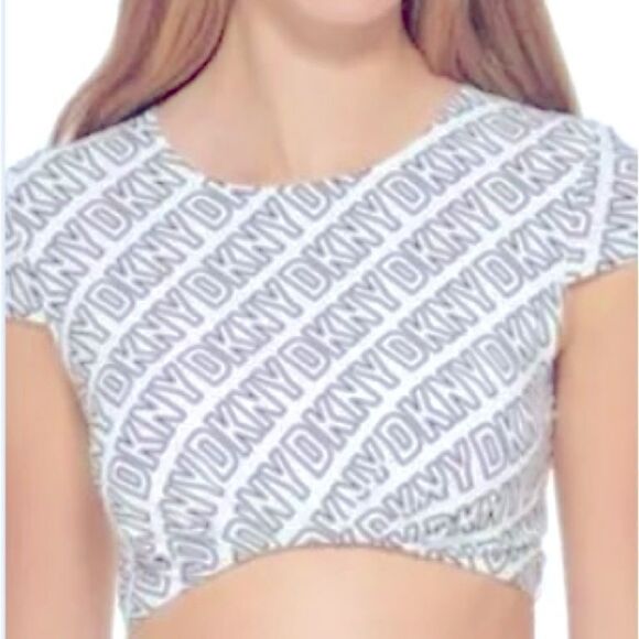 🛍️DKNY Women’s Logo soft white cropped Print Bikini swim Top , one piece XL 💥 - Picture 1 of 8